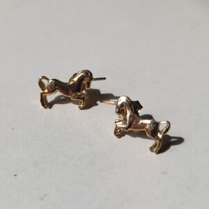Vintage Unicorn Stud Earrings Gold Tone Patina Whimsical Mythical Studs